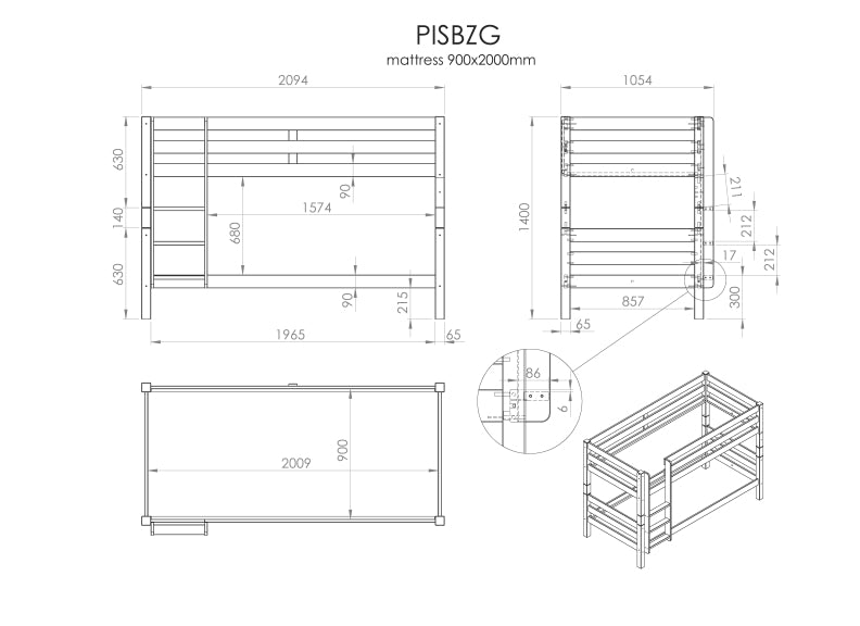 Pino 140 cm Bunk Bed - dims