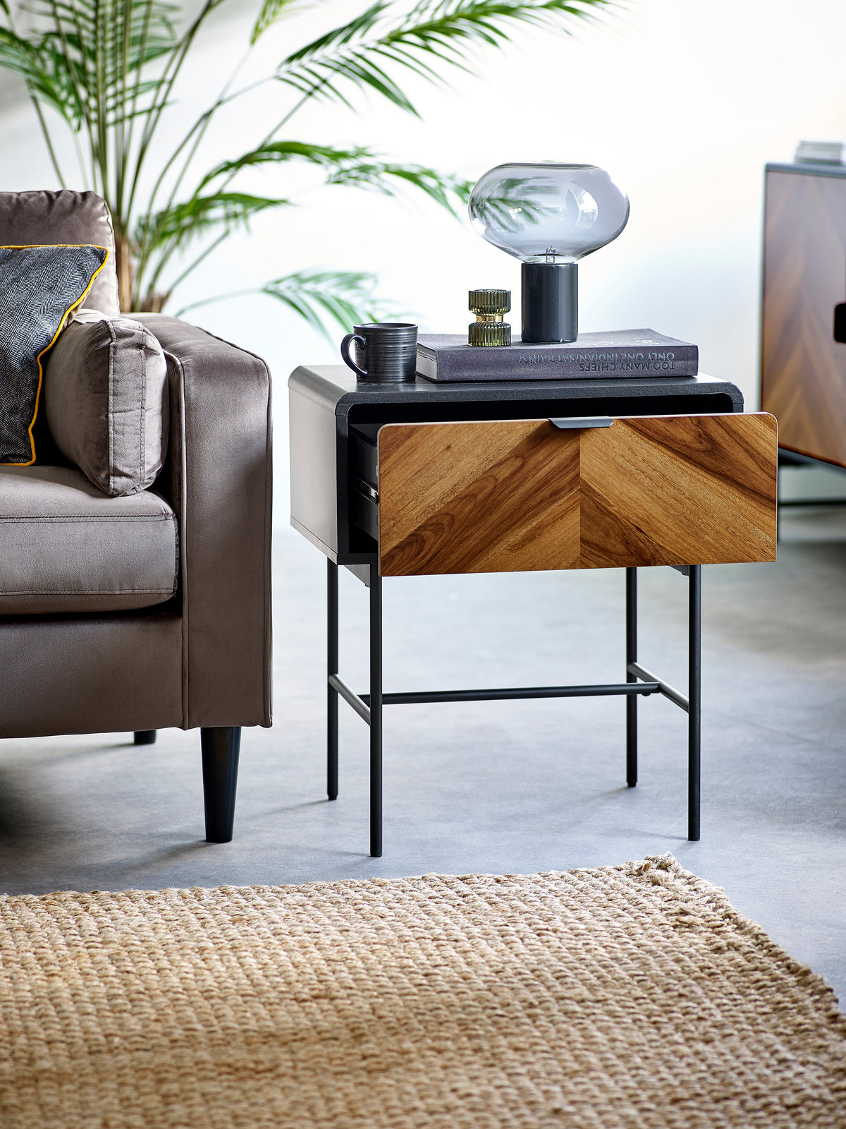 Alvin Black and Natural Wood‑effect 1 Drawer Lamp Table