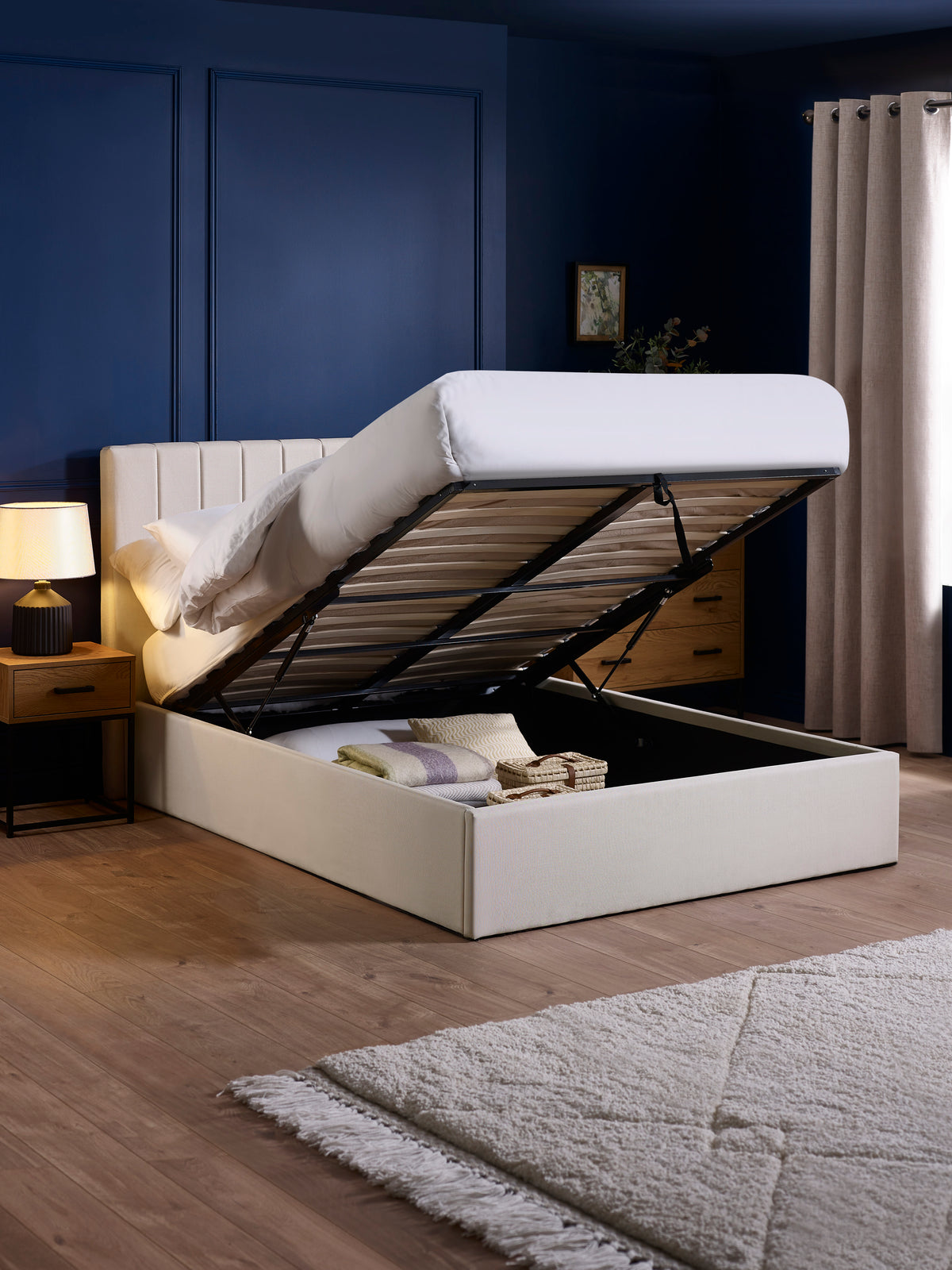 Aylen Oatmeal Linen Upholstered 135cm Double Ottoman Storage Bed Frame