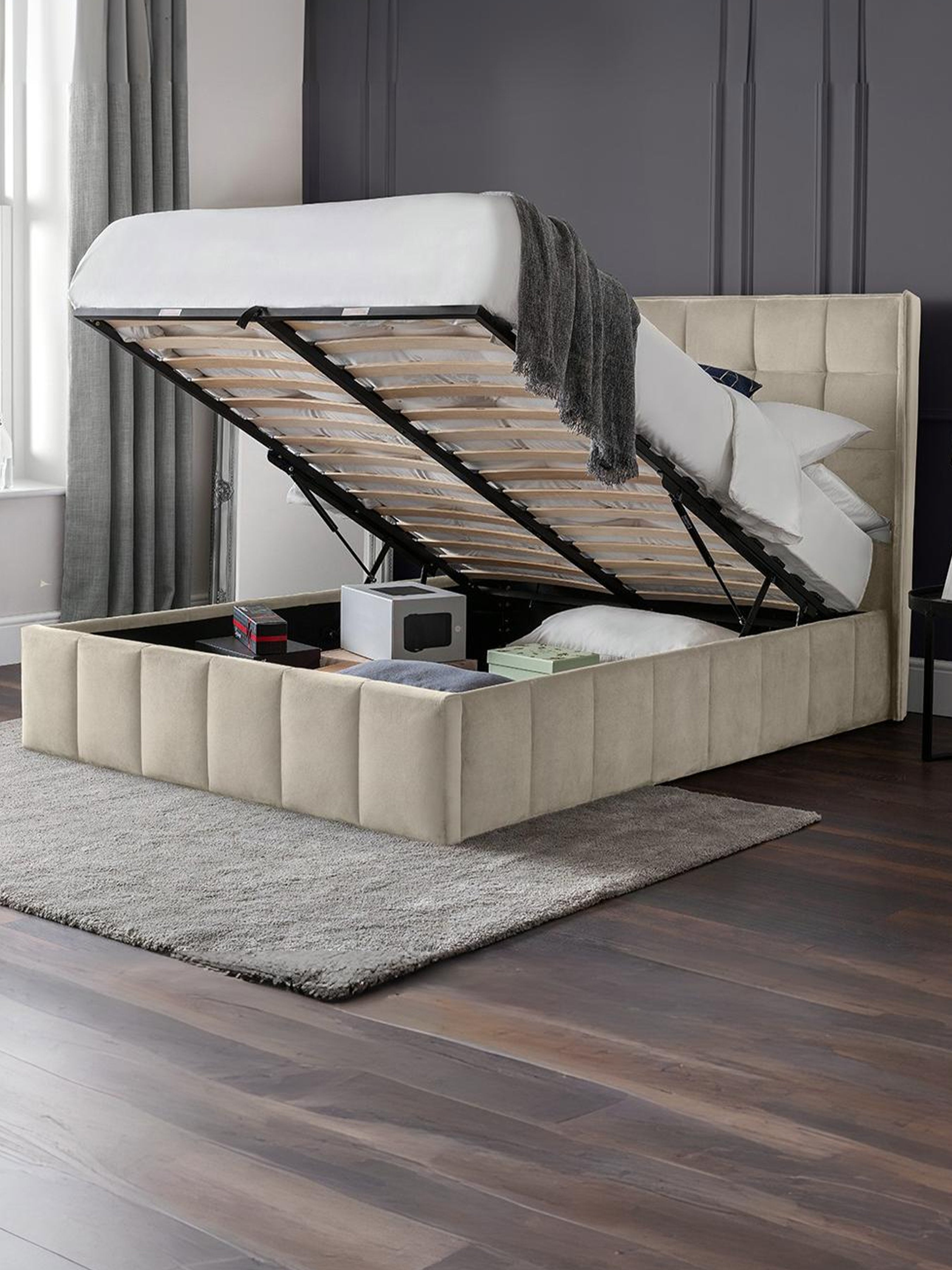 Gatsby Cream Velvet 150cm King Ottoman Storage Bed