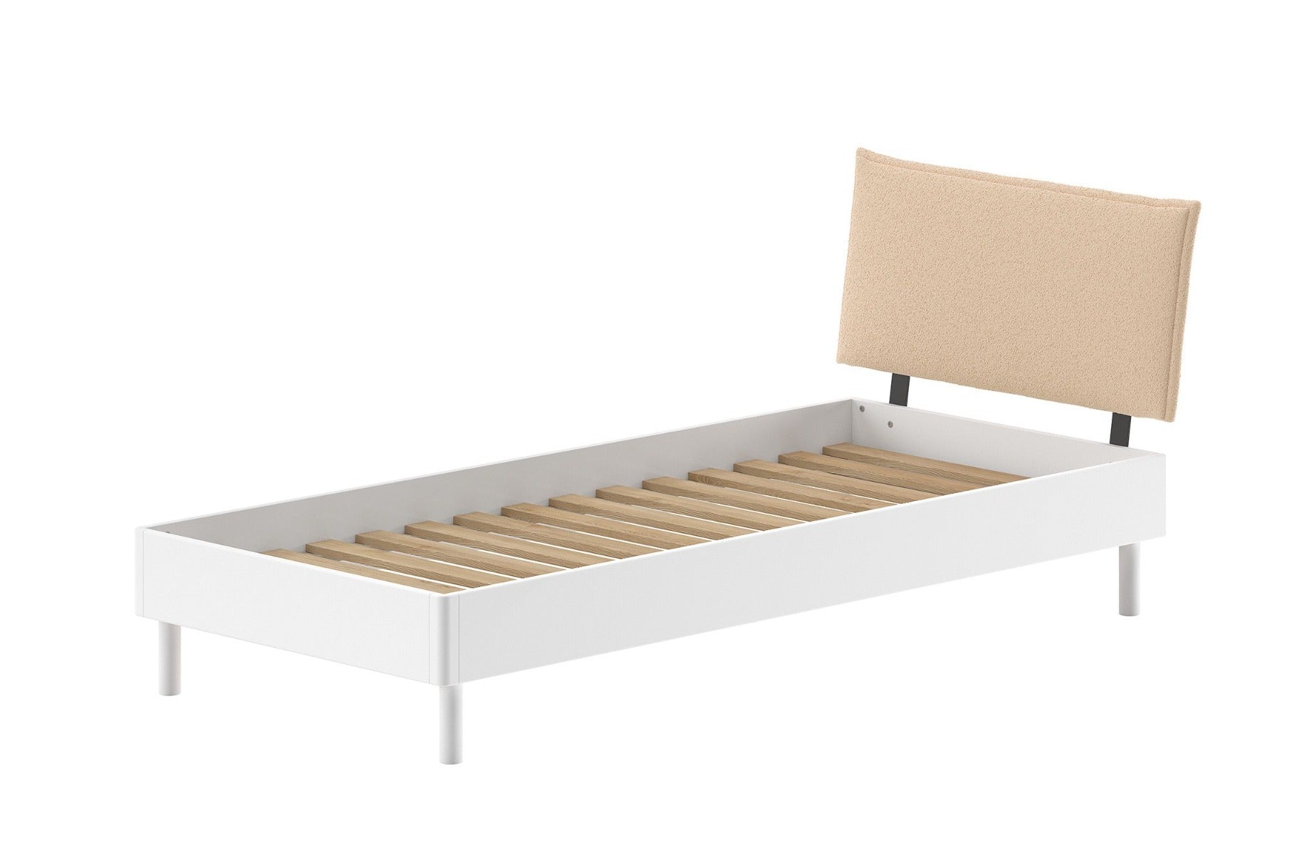 FORREST Bed 90 x 200 cm in Beech White with Bouclé Upholstered Headboard – Stylish and Timeless | Free Nationwide Delivery by Homeline Furniture