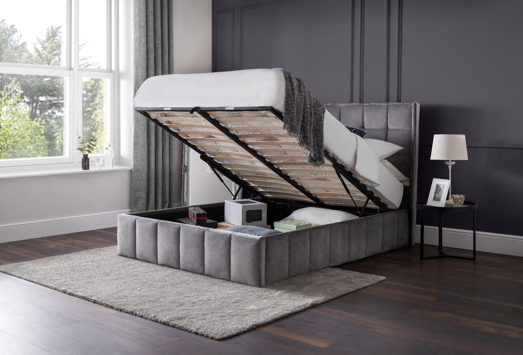 Gatsby Storage Ottoman Bed King Size 150cm - Light Grey