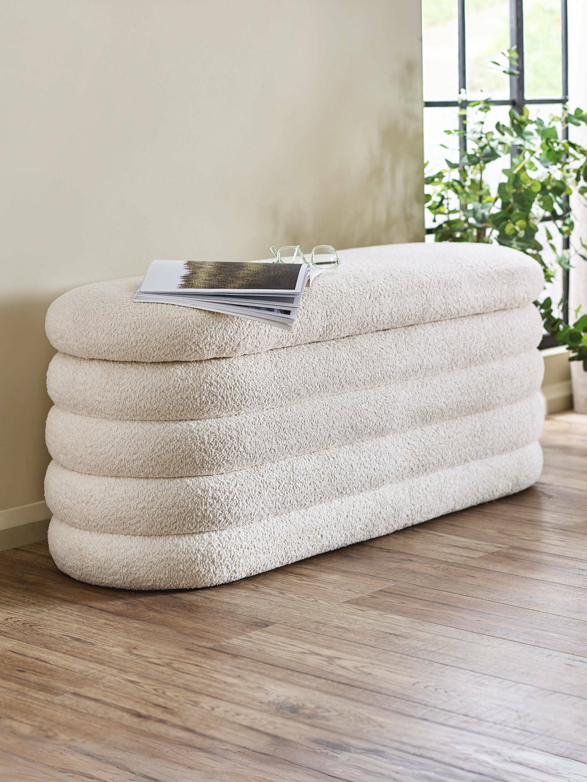 Hailey Ivory Boucle Upholstered Ottoman Storage Bench (oos)