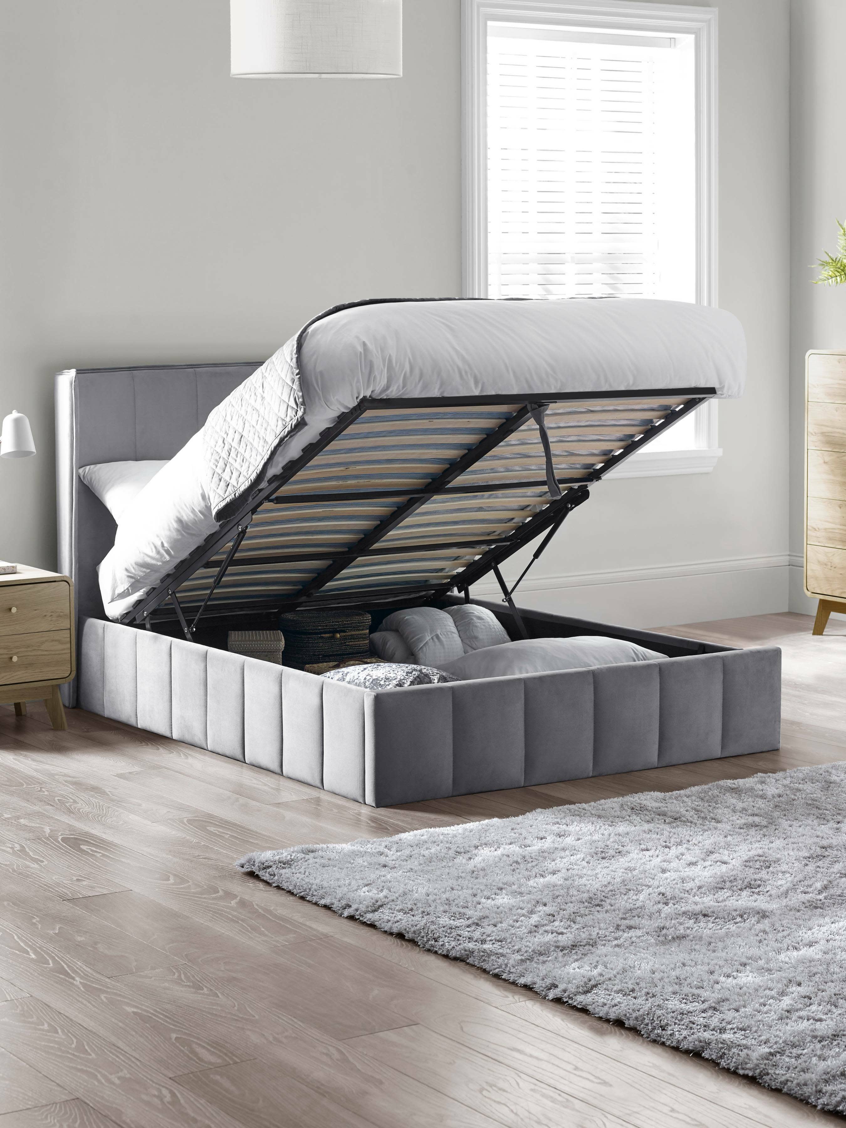 Katie Grey Velvet Upholstered 150cm Kingsize Ottoman Storage Bed