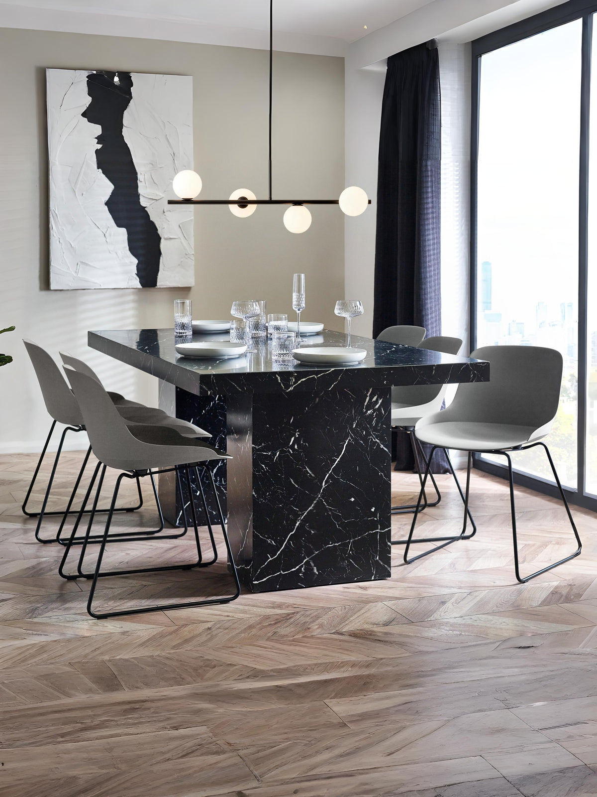 Rome Dining Table – Black Marble Effect with Pedestal Legs