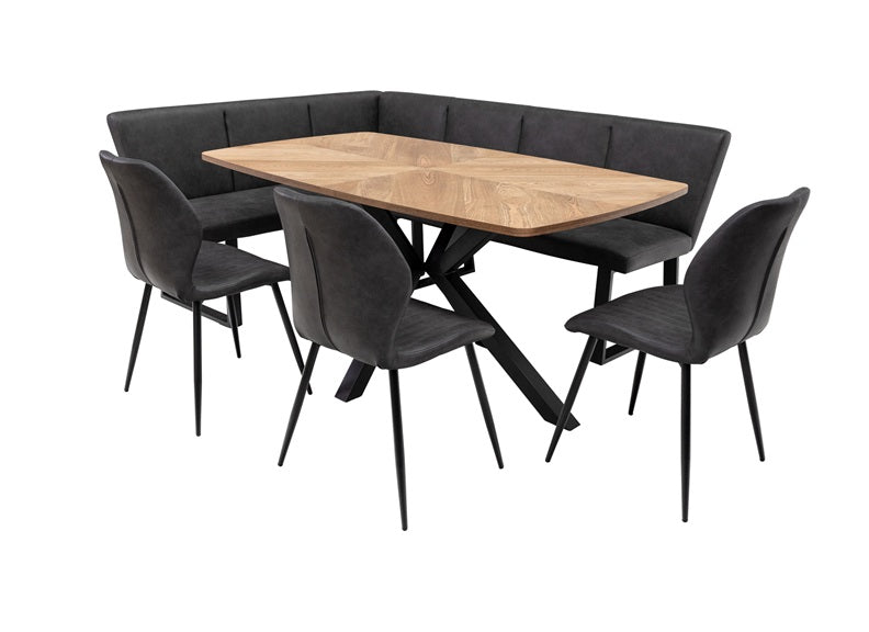 Hampton Oak Fixed 1.6m Dining Table W/Sheldon Chairs, Franklin Corner Bench– Inlay Table with X-Frame Black Base