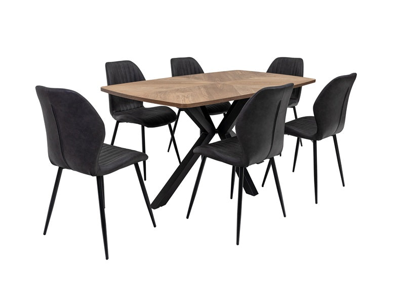 Hampton Oak Fixed 1.6m Dining Table W/Sheldon Chairs, Franklin Corner Bench– Inlay Table with X-Frame Black Base