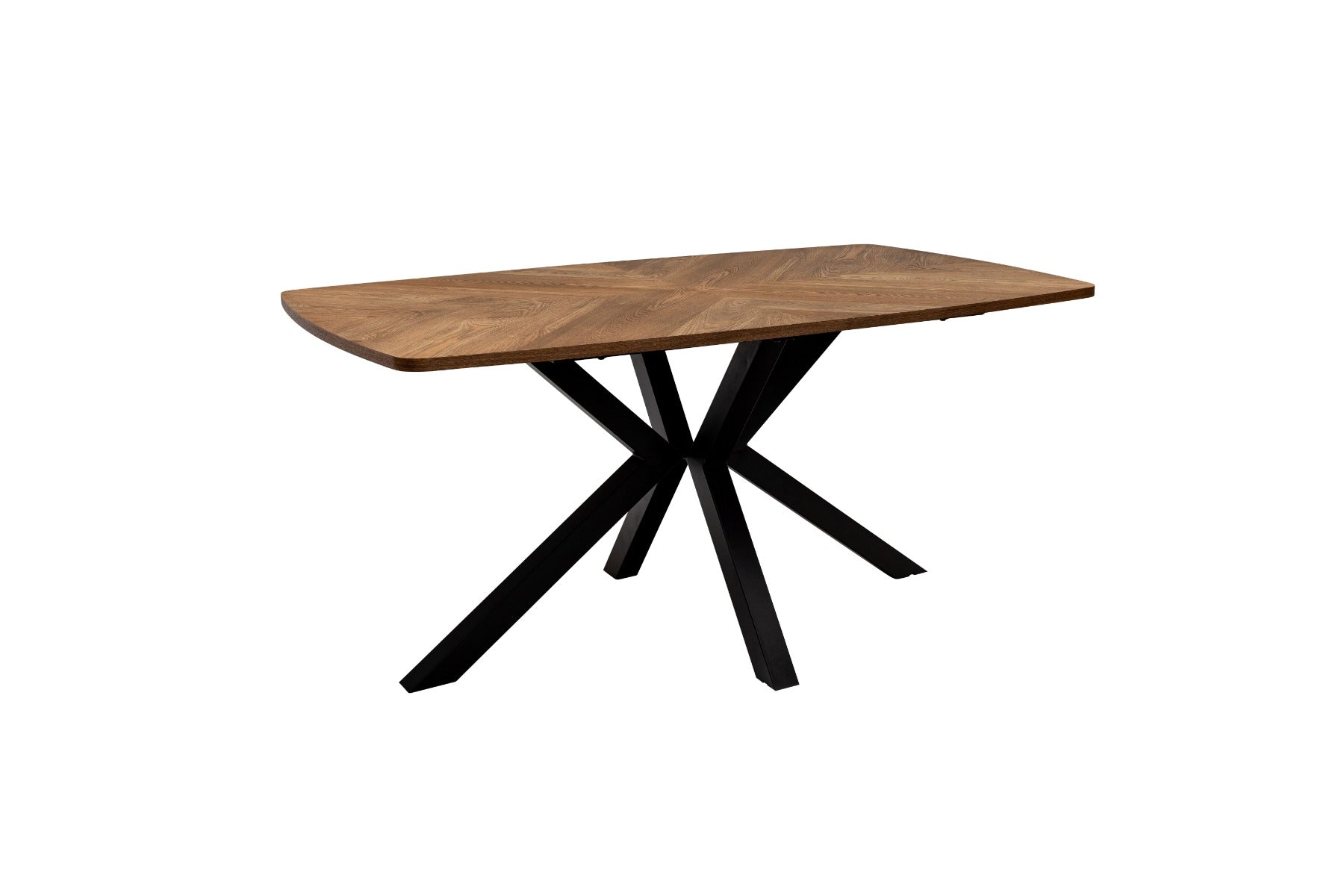 Hampton Oak Fixed 1.6m Dining Table W/Sheldon Chairs, Franklin Corner Bench– Inlay Table with X-Frame Black Base