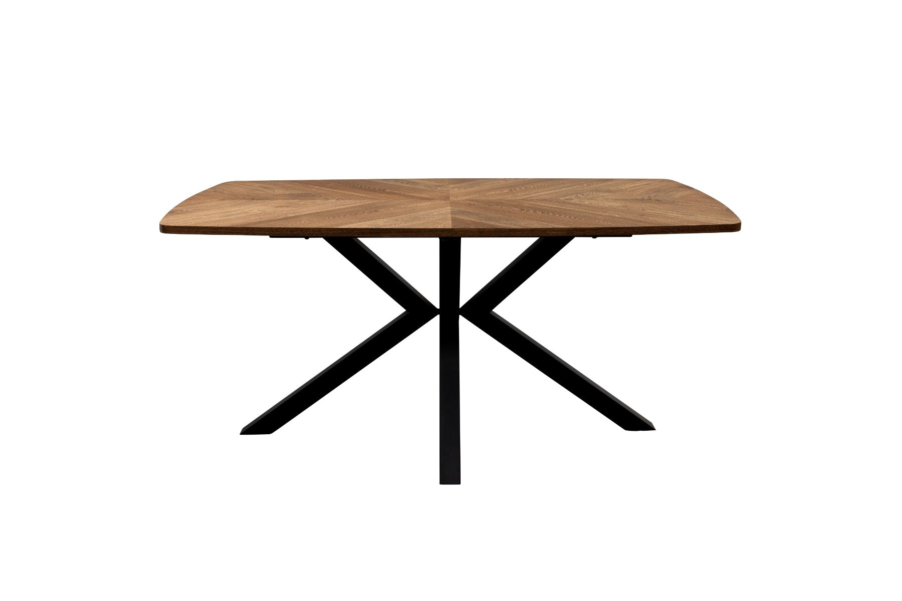 Hampton Oak Fixed 1.6m Dining Table W/Sheldon Chairs, Franklin Corner Bench– Inlay Table with X-Frame Black Base
