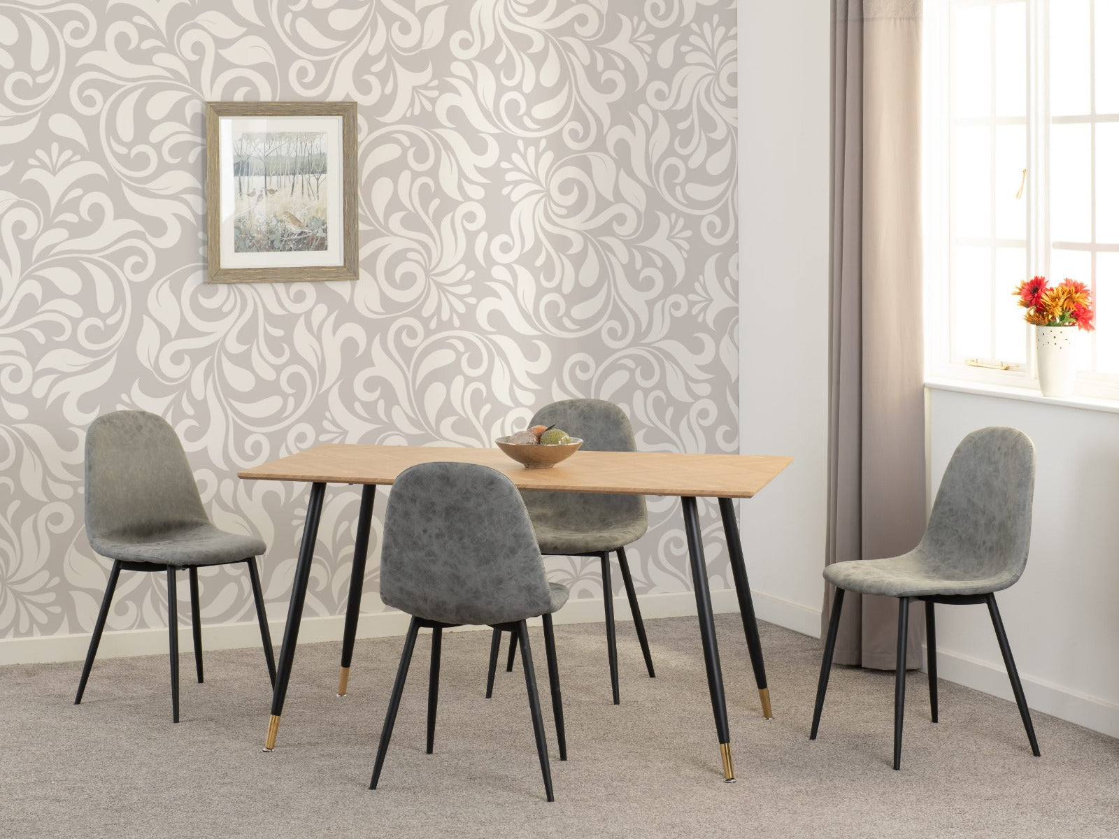 Hamilton Medium Dining Set with Athens Chairs in Medium Oak Effect - Black & Grey Faux Leather | Free Nationwide Delivery in 2-3 Weeks | Homeline Furniture