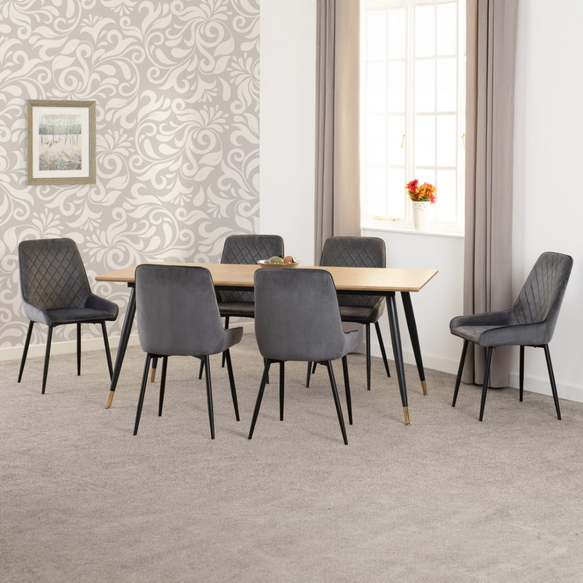 Hamilton Large Dining Set with Avery Chairs in Medium Oak Effect - Black & Grey Velvet | Free Nationwide Delivery in 2-3 Weeks | Homeline Furniture
