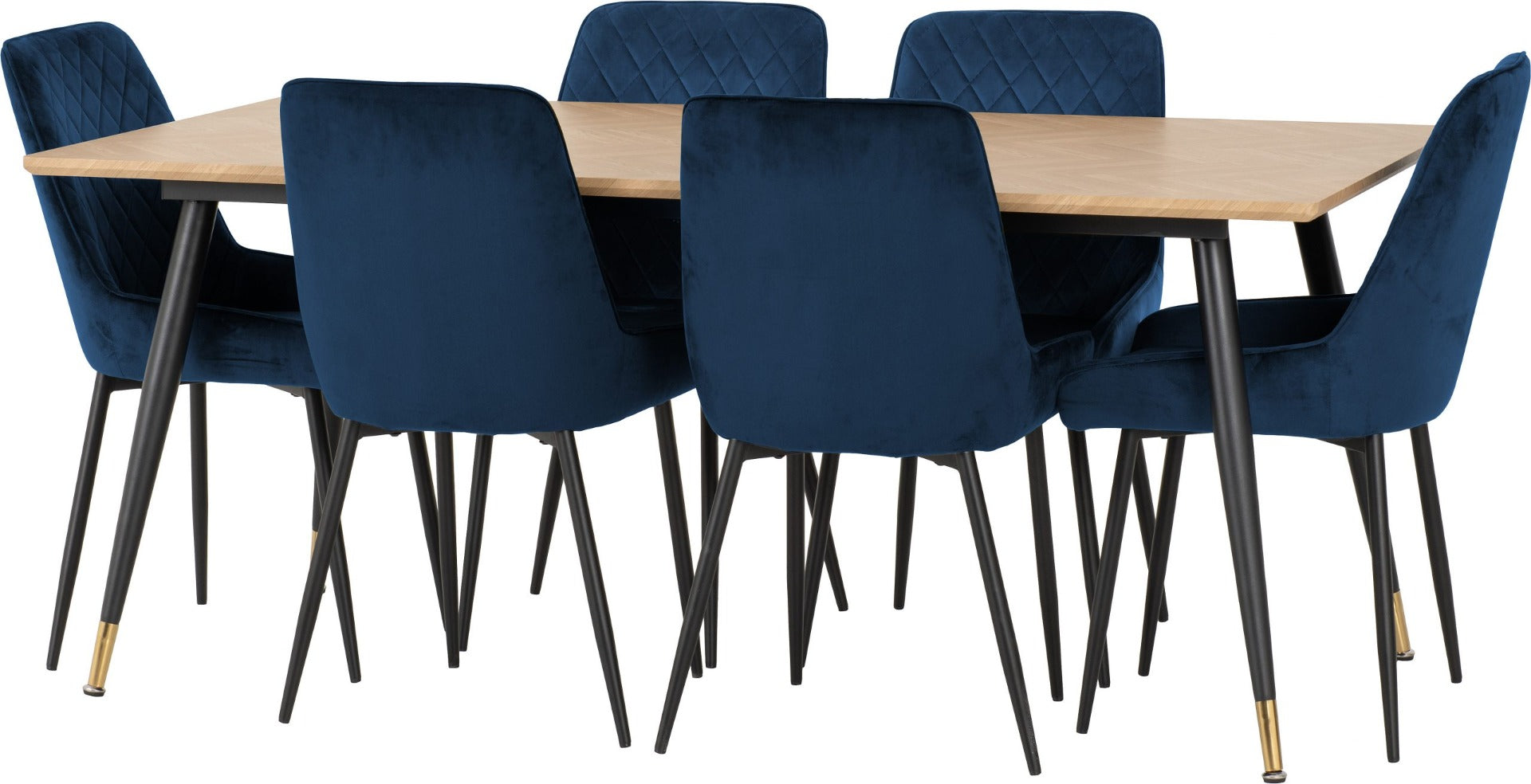Hamilton Large Dining Set with Avery Chairs in Medium Oak Effect - Black & Sapphire Blue Velvet | Free Nationwide Delivery in 2-3 Weeks | Homeline Furniture