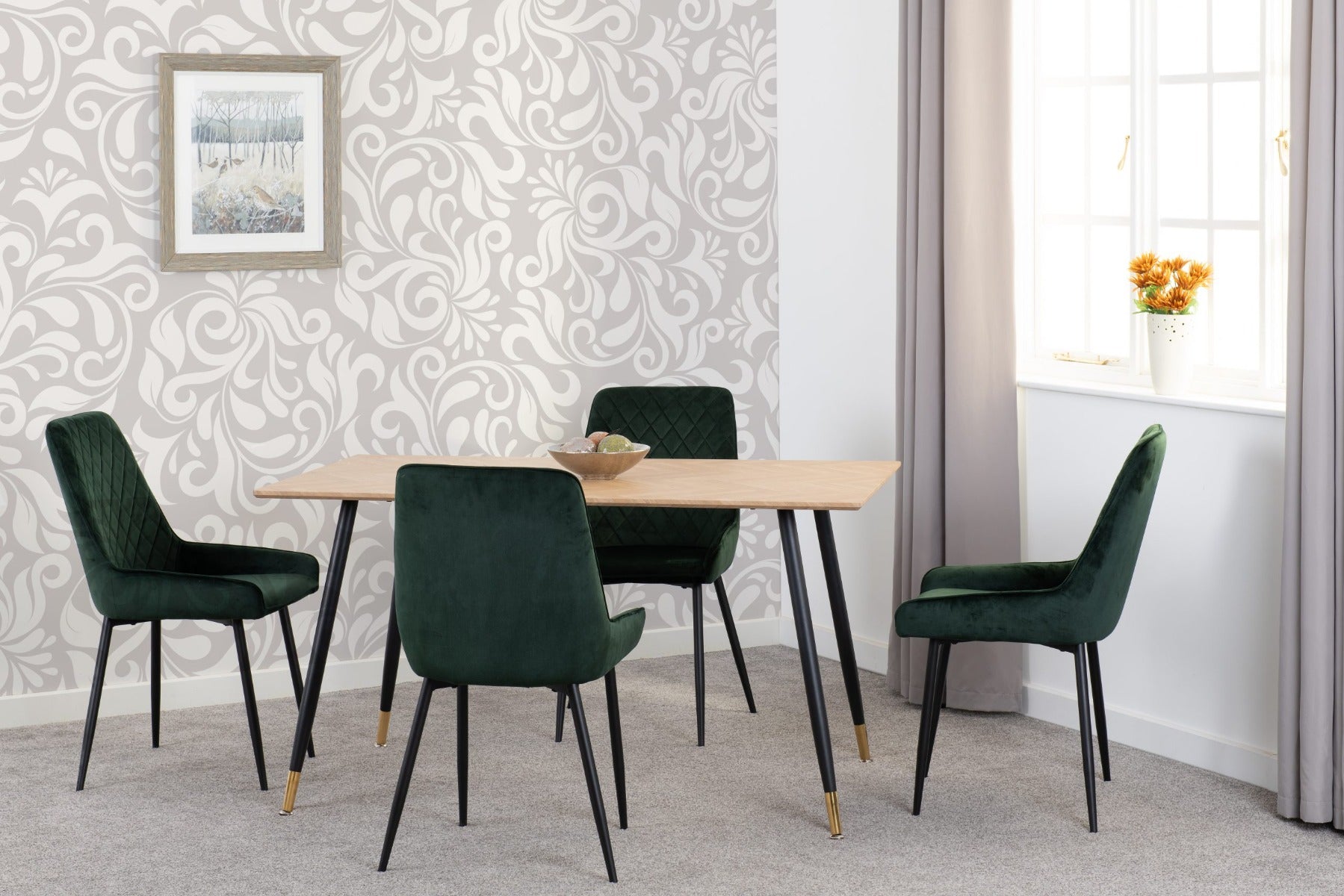 Hamilton Medium Dining Set with Avery Chairs in Medium Oak Effect - Black & Emerald Green Velvet | Free Nationwide Delivery in 2-3 Weeks | Homeline Furniture