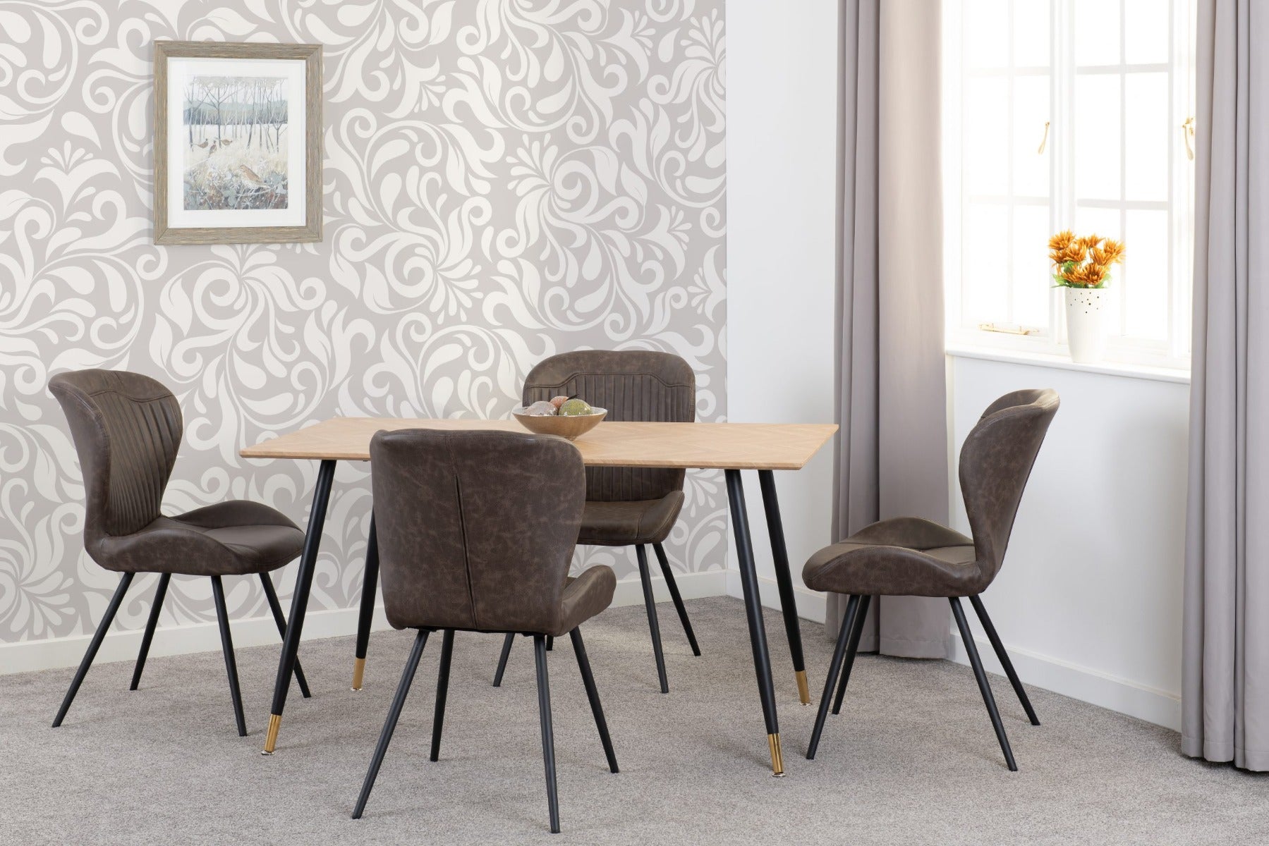 Hamilton Medium Dining Set with Quebec Chairs in Medium Oak Effect - Black & Brown Faux Leather | Free Nationwide Delivery in 2-3 Weeks | Homeline Furniture