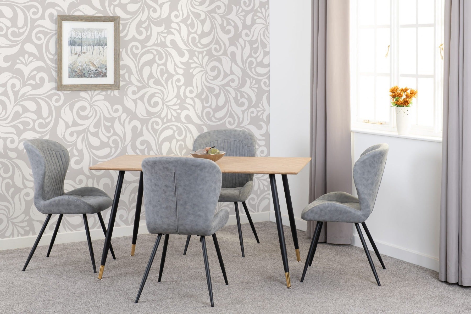 Hamilton Medium Dining Set with Quebec Chairs in Medium Oak Effect - Black & Grey Faux Leather | Free Nationwide Delivery in 2-3 Weeks | Homeline Furniture