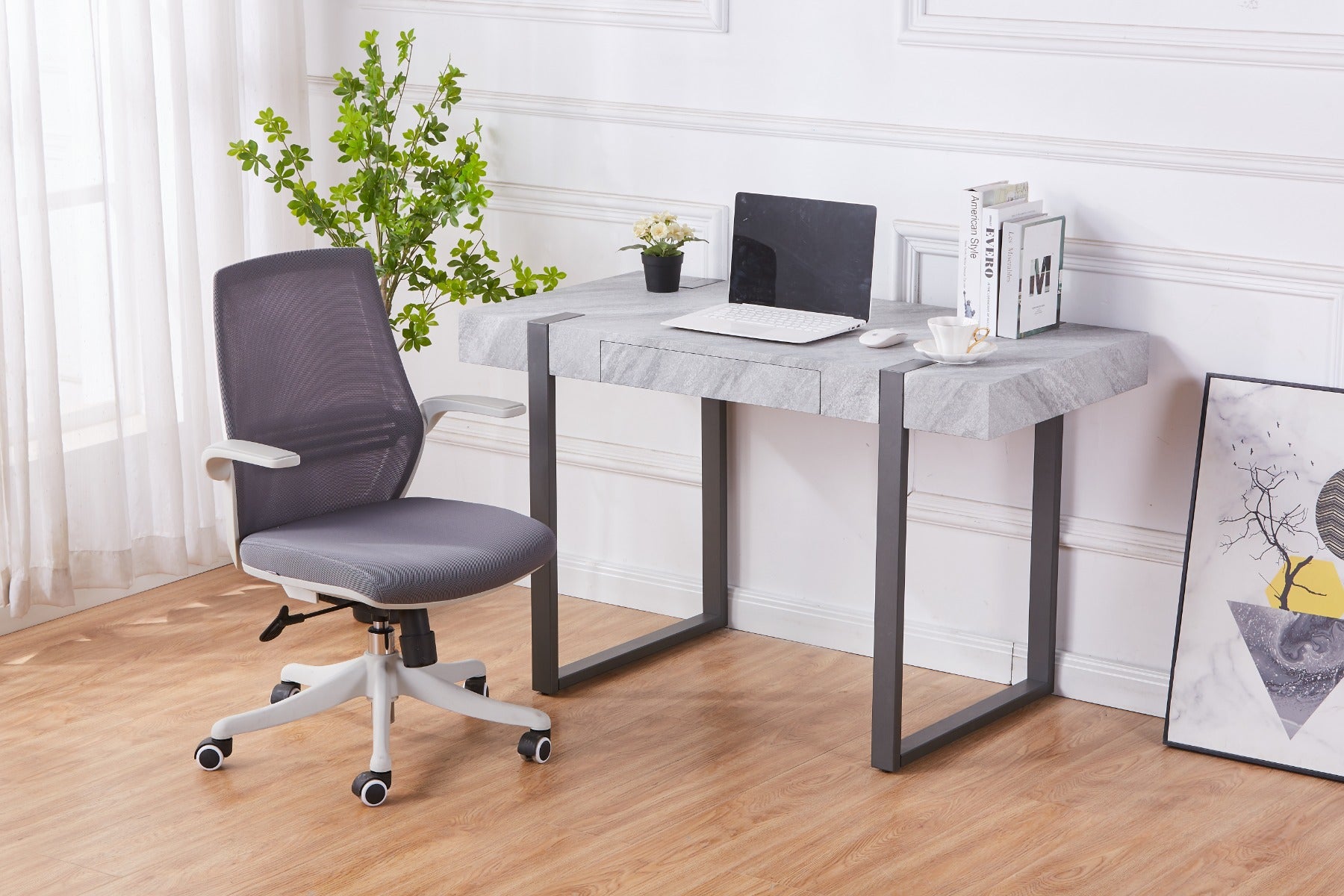 Hampton Grey Desk with Grey Metal Legs - Modern and Functional Office Desk