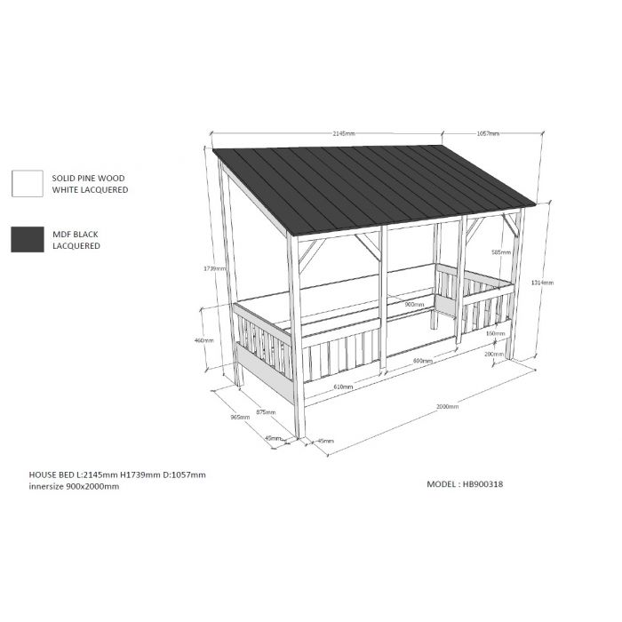 HOUSEBED BED (03) 90 X 200 CM WHITE ROOF