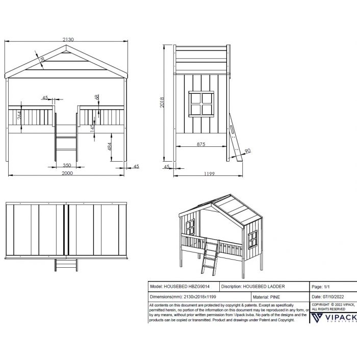 HOUSEBED BED WITH LADDER 90 X 200 CM WHITE