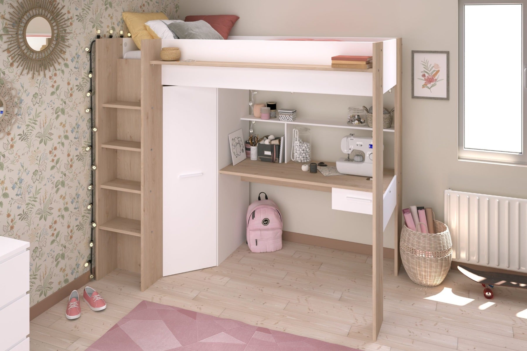 Parisot Grayson High Sleeper Bed in White & Artisan Oak – With Desk & Wardrobe | Free Express Delivery