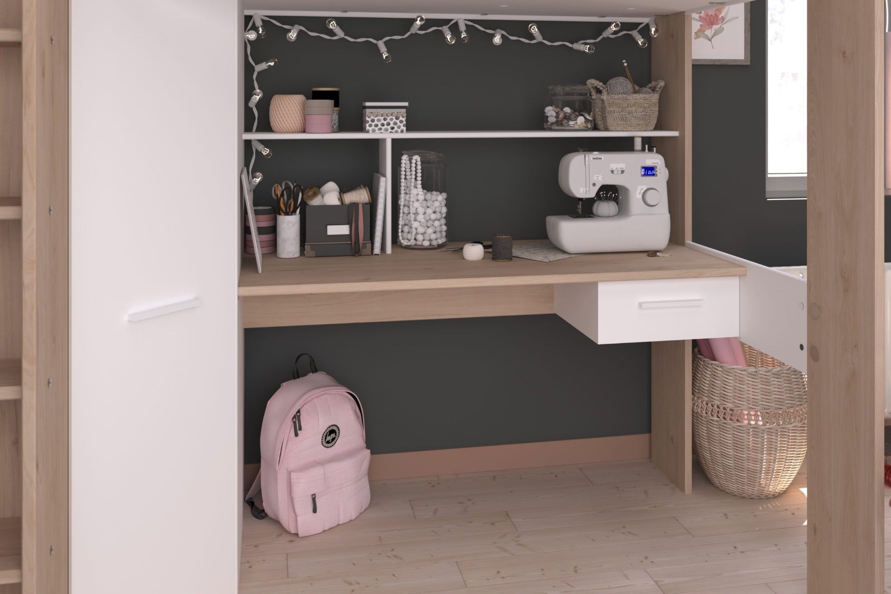 Parisot Grayson High Sleeper Bed in White & Artisan Oak – With Desk & Wardrobe | Free Express Delivery