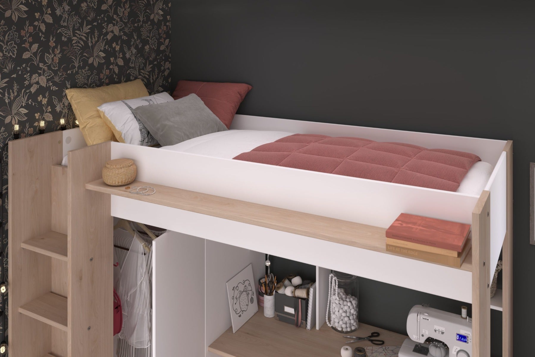 Parisot Grayson High Sleeper Bed in White & Artisan Oak – With Desk & Wardrobe | Free Express Delivery