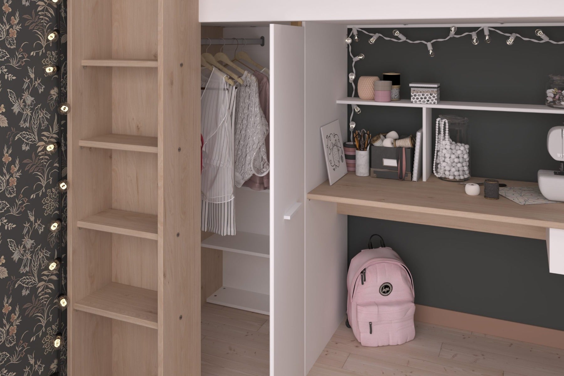 Parisot Grayson High Sleeper Bed in White & Artisan Oak – With Desk & Wardrobe | Free Express Delivery