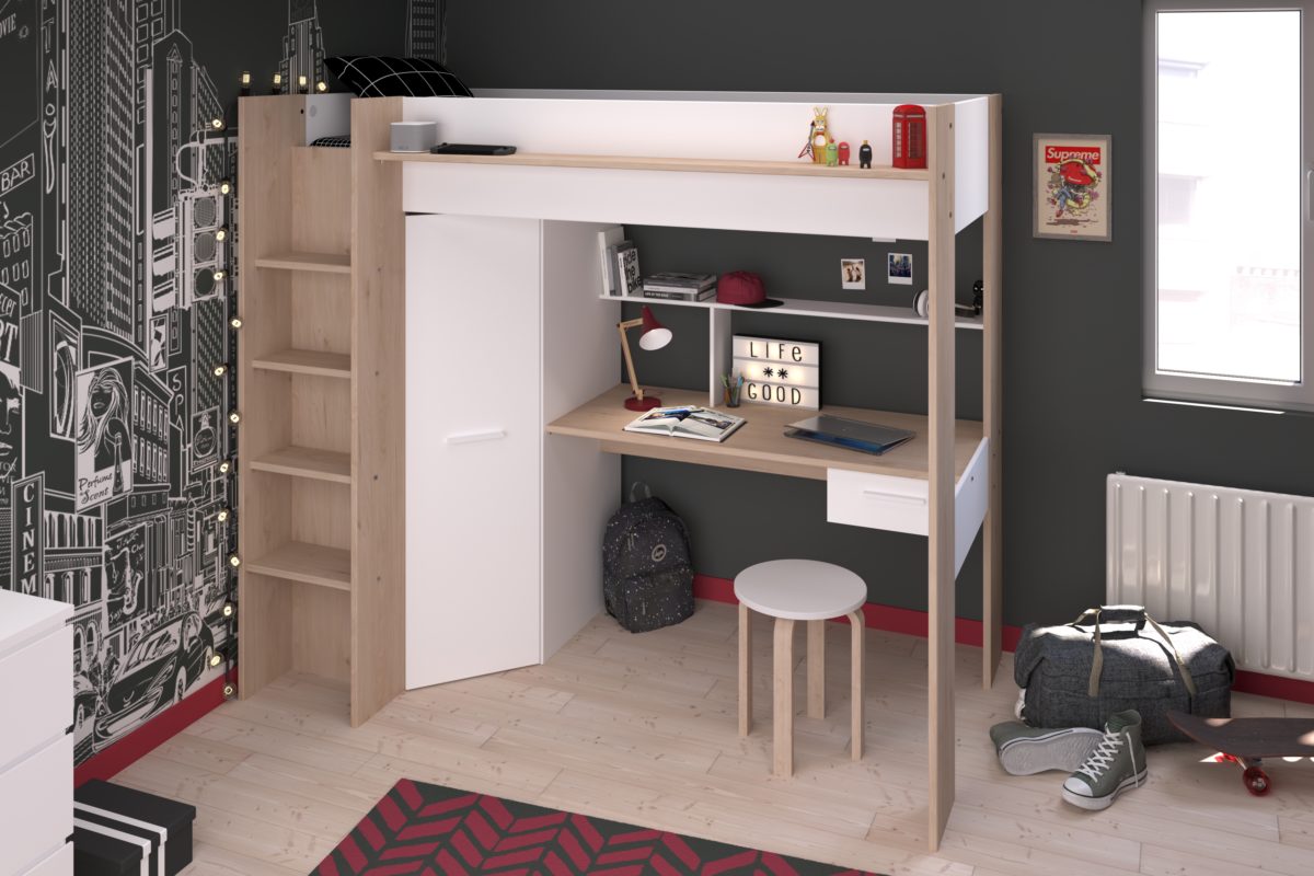 Parisot Grayson High Sleeper Bed in White & Artisan Oak – With Desk & Wardrobe | Free Express Delivery