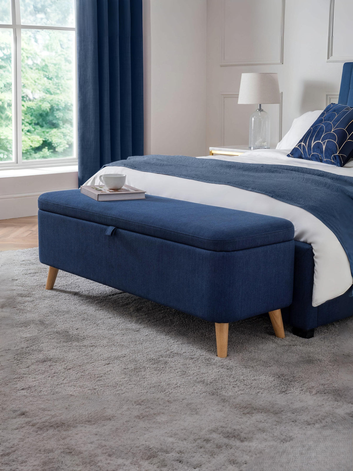 Astrid Blanket Box – Blue Linen Upholstered Storage