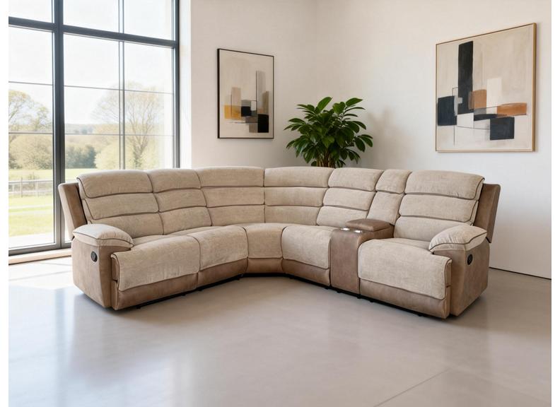 Jessica Fabric Two Tone Corner Sofa With Console – Two Tone Brown & Beige Fabric Sectional Sofa