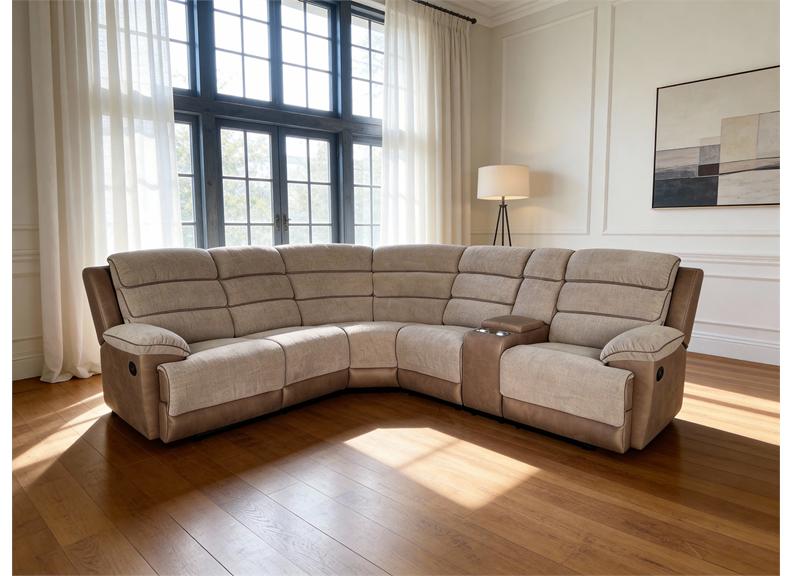 Jessica Fabric Two Tone Corner Sofa With Console – Two Tone Brown & Beige Fabric Sectional Sofa