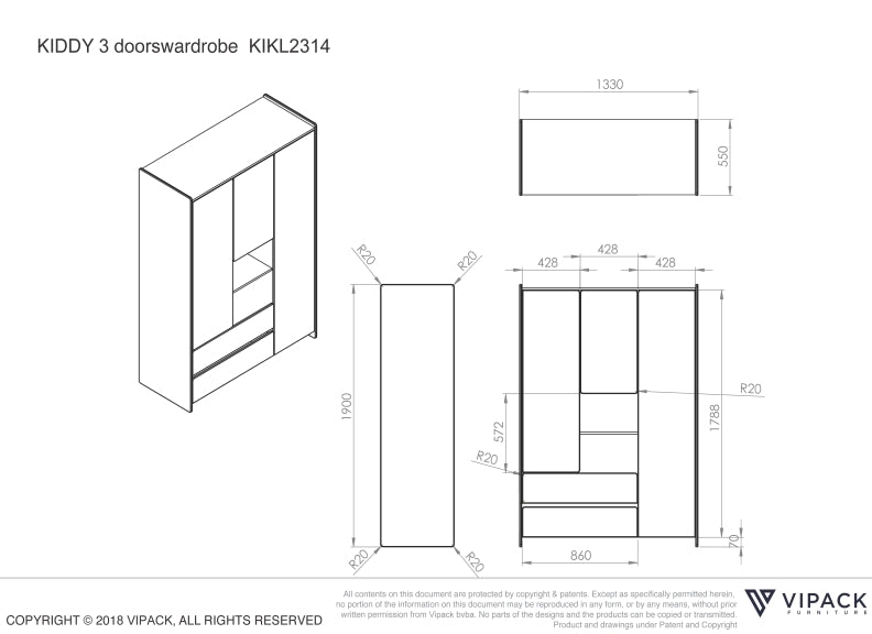 Kiddy White 3 Door Wardrobe - dimensions