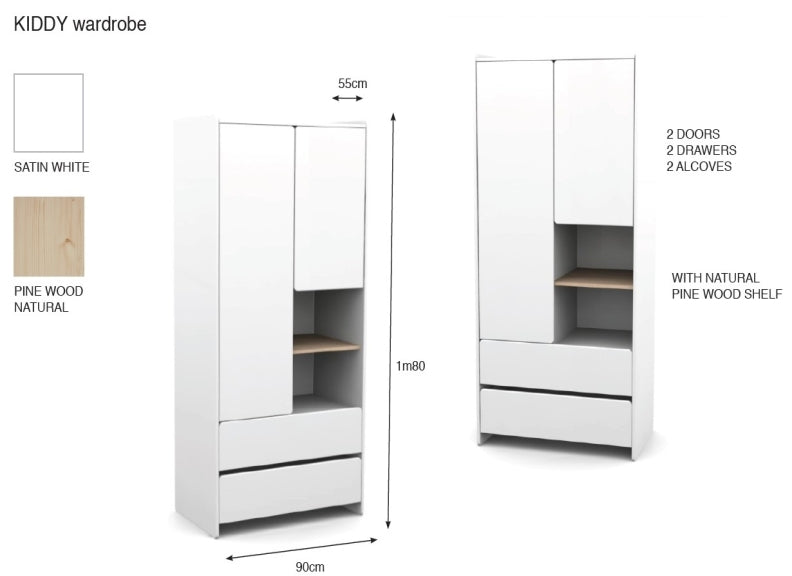 Kiddy White Two Door Wardrobe - dimensions