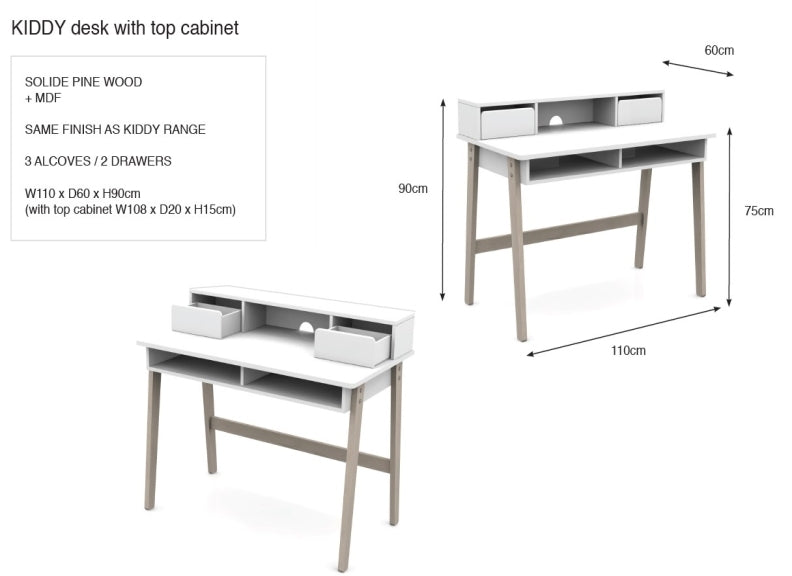 Kiddy White Desk With Cabinet - dimensions