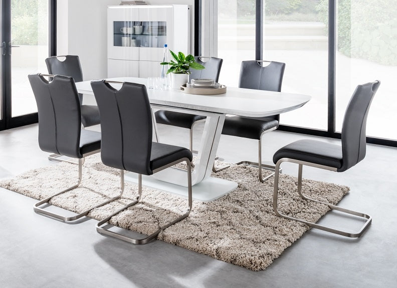 Lazzaro Wh. Ext. Table + 6 Grey Lazzaro Chairs