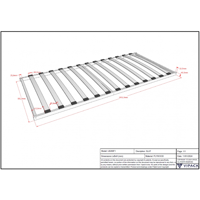 SLATTED BED BASE FRAME 13 SLATS 90 X 200 CM