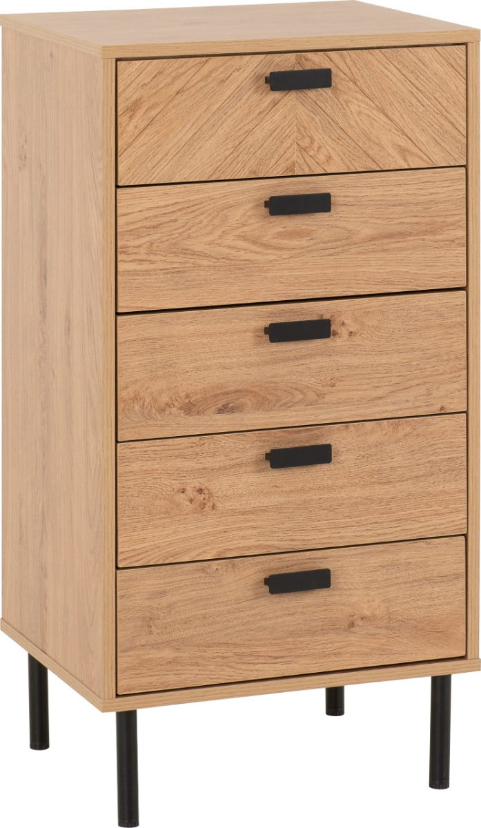 Leon 5 Drawer Narrow Chest Medium Oak Effect