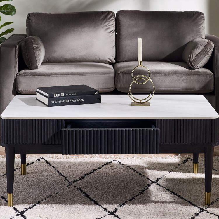 Louis Black Fluted Stone Top Coffee Table with Drawers: Luxury Meets Practicality by Homeline Furniture (Free Nationwide Delivery in 3-5 Weeks)