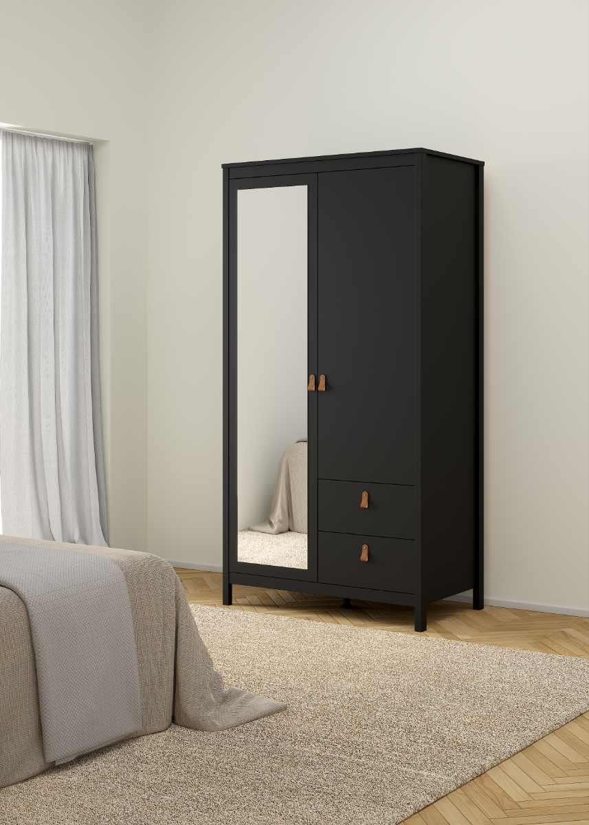 Madrid Wardrobe with 1 door + 1 mirror door + 2 drawers - Black