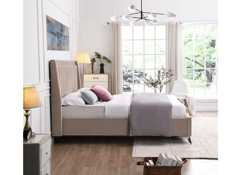 Mayo Fabric Bed Frame – Modern Upholstered Bed in Grey or Beige with Winged Headboard