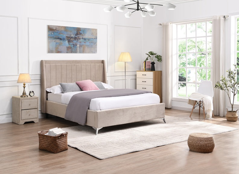 Mayo Fabric Bed Frame – Modern Upholstered Bed in Grey or Beige with Winged Headboard