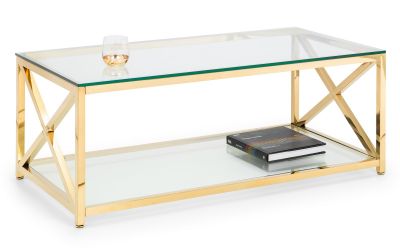 Miami Coffee Table – Gold with Tempered Glass and Art Deco Cross Frame Design