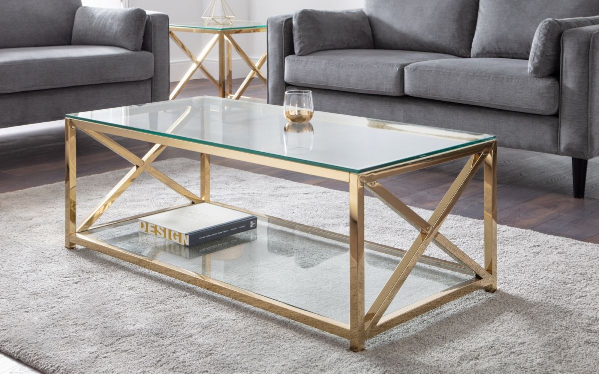 Miami Coffee Table – Gold with Tempered Glass and Art Deco Cross Frame Design