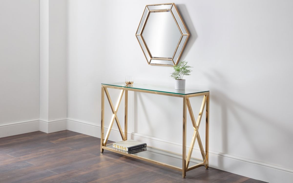 Miami Console Table – Gold Frame with Tempered Glass Shelf