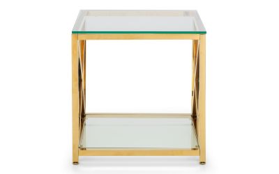 Miami Lamp Table – Gold with Tempered Glass and Art Deco Cross Frame Design