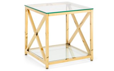 Miami Lamp Table – Gold with Tempered Glass and Art Deco Cross Frame Design
