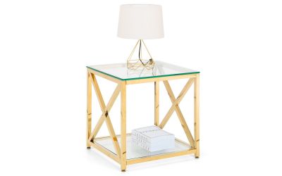 Miami Lamp Table – Gold with Tempered Glass and Art Deco Cross Frame Design