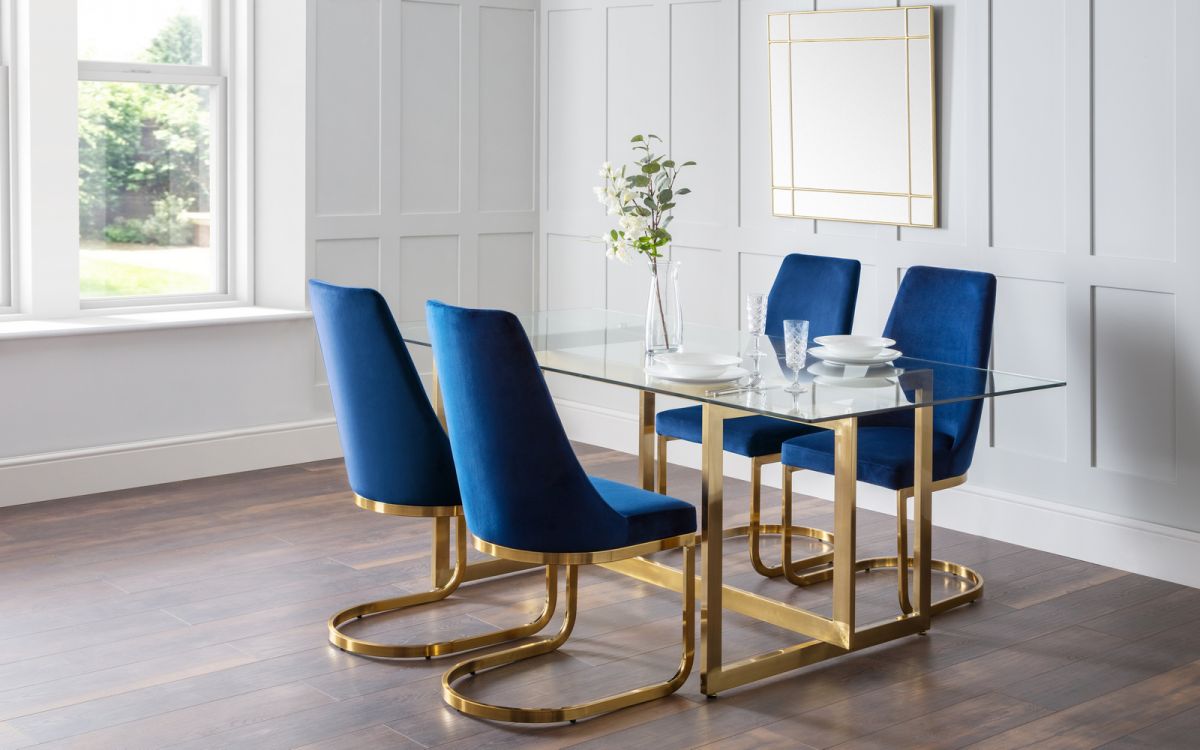 Minori Dining Set – Luxurious Glass Table with Velvet Chairs