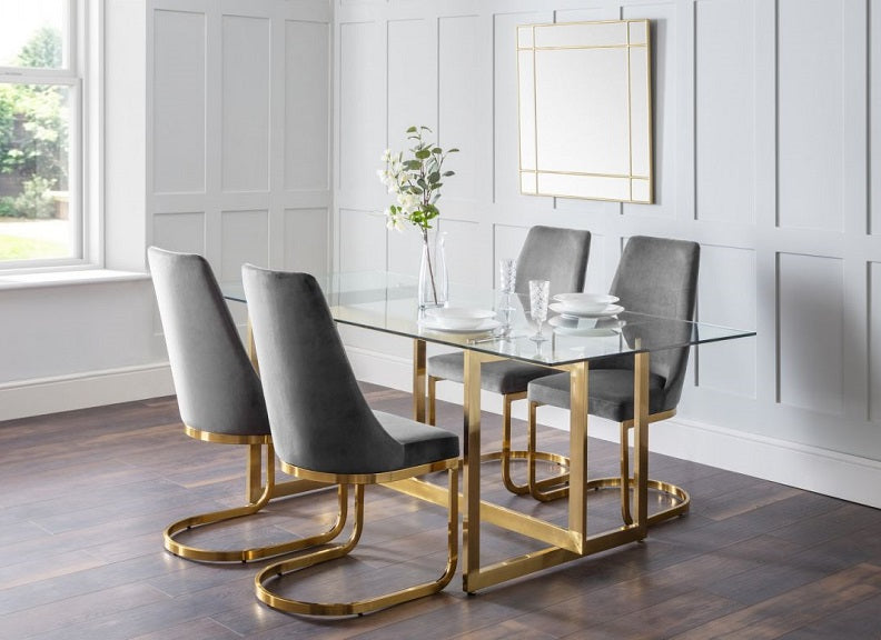 Minori Dining Set – Luxurious Glass Table with Velvet Chairs