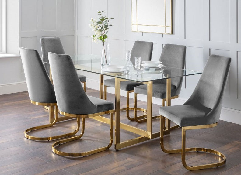 Minori Dining Set – Luxurious Glass Table with Velvet Chairs