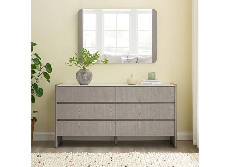 Mondello Dressing Table Set – Washed Oak with Sintered Stone Top With Stool And Mirror